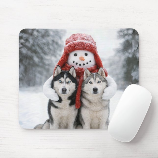 Snowman Hugging Siberian Husky Dogs Mouse Pad (With Mouse)