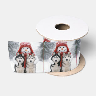Snowman Hugging Siberian Husky Dogs Satin Ribbon