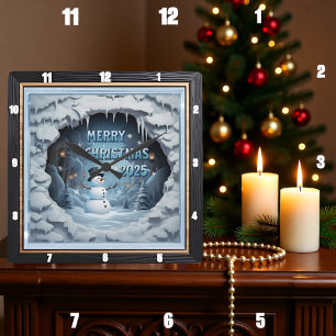 Snowman Ice Cave Square Wall Clock