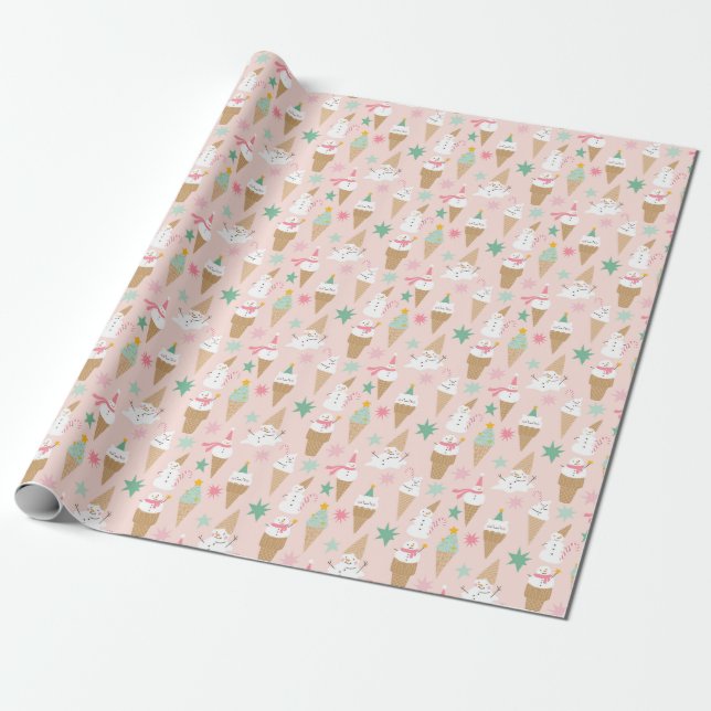 Snowman Ice Cream Cones Christmas Pattern Wrapping Paper (Unrolled)