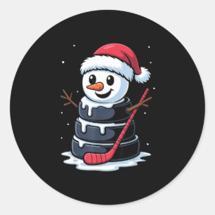 Snowman ice hockey puck santa hat christmas kids classic round sticker