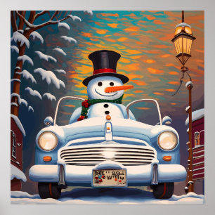 Snowman in a convertible car poster