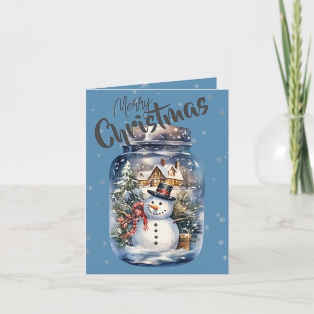 Snowman in a Jar Snowflakes Blue Holiday Card (Front)