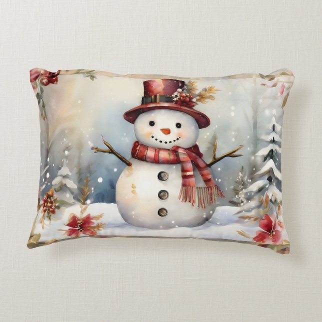 Snowman in a Red Hat Christmas Decorative Cushion (Back)