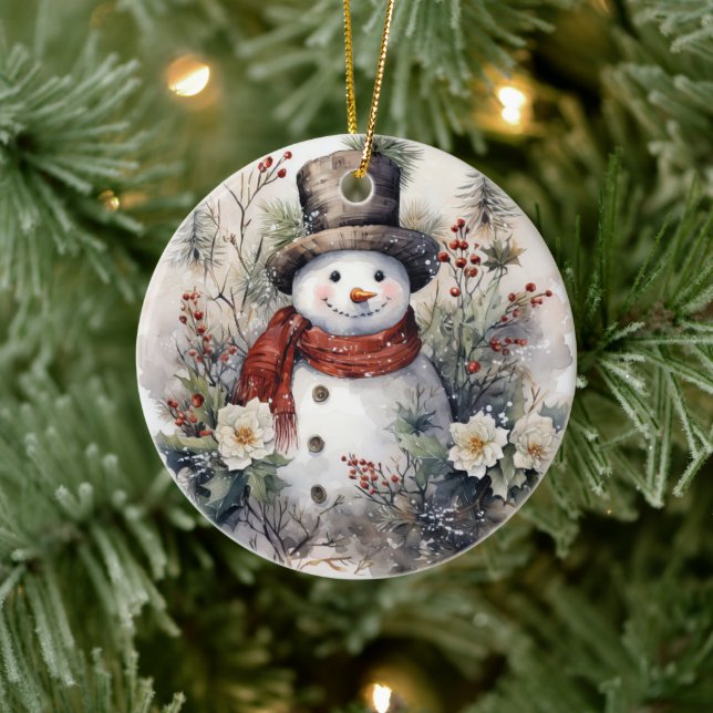 Snowman in a Red scarf Christmas Ceramic Tree Decoration (Tree)