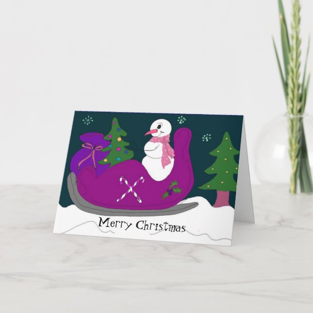 Snowman in a Sleigh Holiday Card (Front)