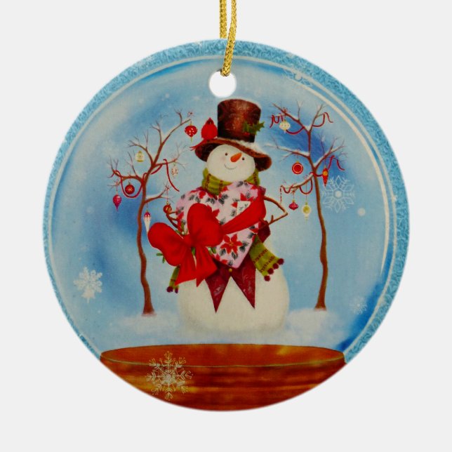 Snowman in a Snow Globe Ceramic Tree Decoration (Front)