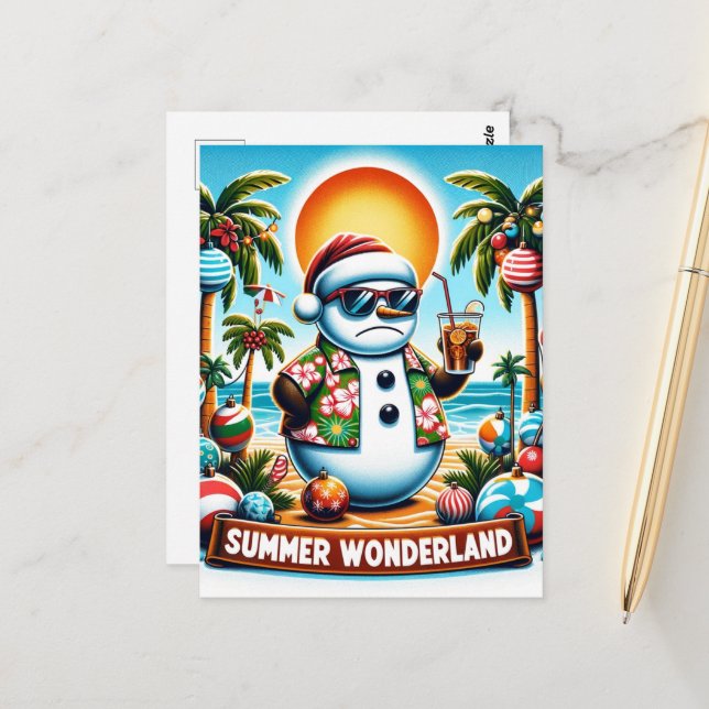 Snowman in a Summer Wonderland Postcard (Front/Back In Situ)