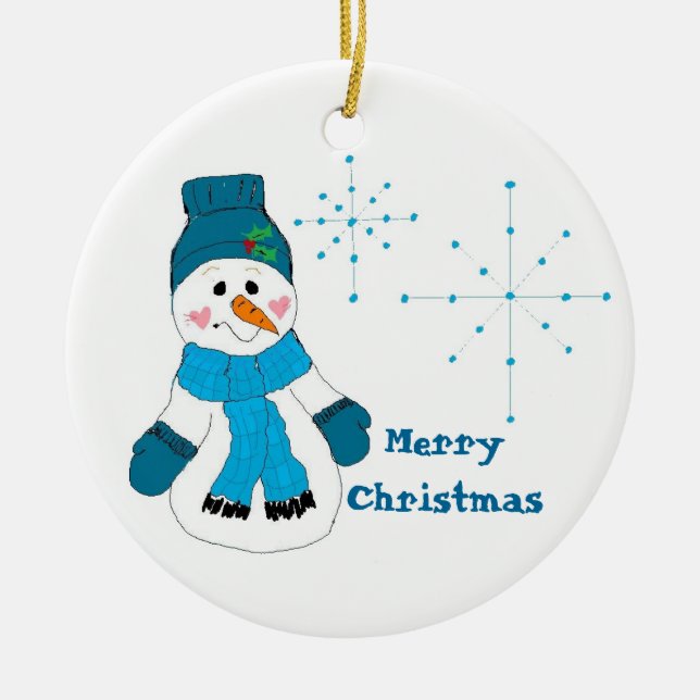 Snowman in Blue Ceramic Tree Decoration (Front)