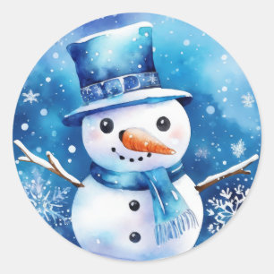 Snowman in blue classic round sticker