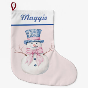Snowman in Blue Damask Top Hat Large Christmas Stocking