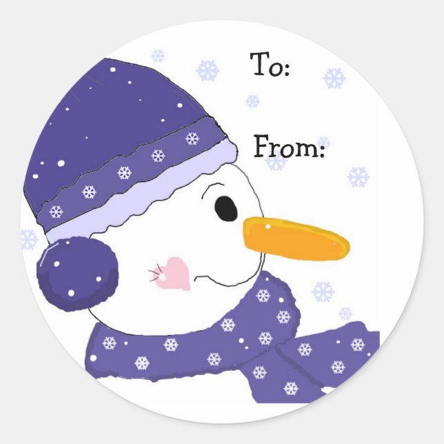Snowman in Blue Hat and Scarf Classic Round Sticker (Front)