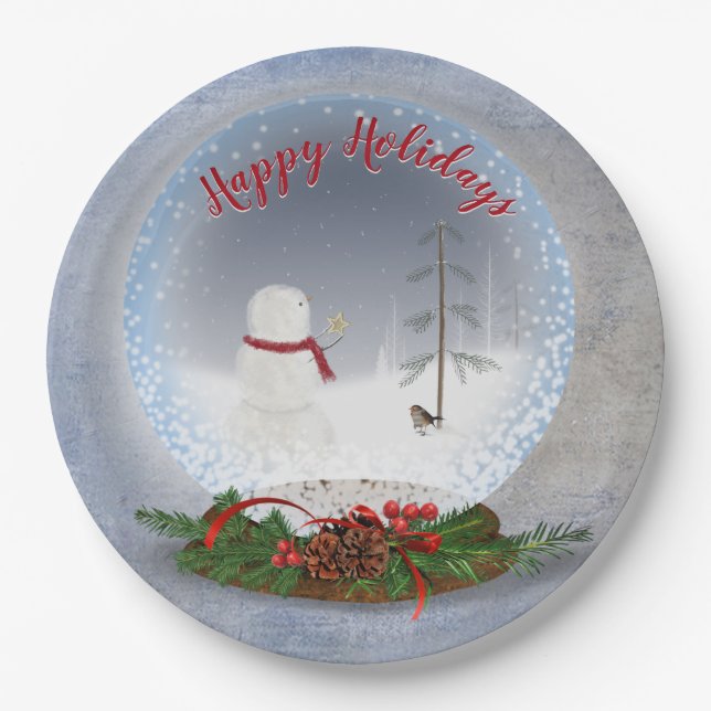 Snowman In Christmas Snow Globe Paper Plate (Front)