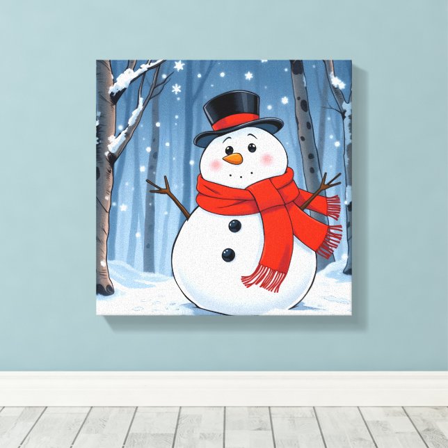 Snowman in cold forest with red scarf canvas print (Insitu(Wood Floor))