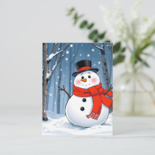 Snowman in cold forest with red scarf postcard