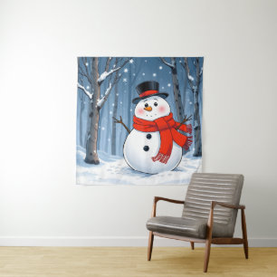Snowman in cold forest with red scarf tapestry