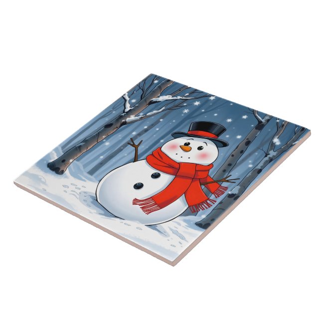 Snowman in cold forest with red scarf tile (Side)
