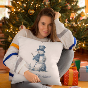 Snowman in Delft Blue, customisable Cushion