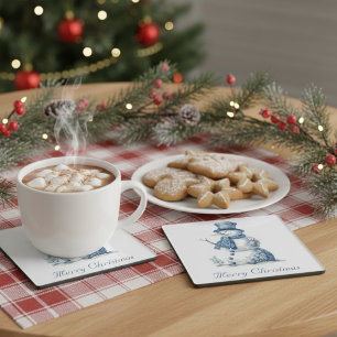 Snowman in Delft Blue customisable Glass Coaster