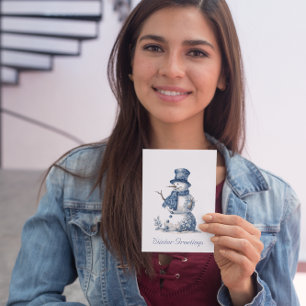 Snowman in Delft Blue customisable Holiday Card
