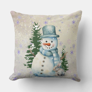 "Snowman in Falling Snow" with Rabbit and Trees Cushion