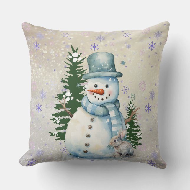 "Snowman in Falling Snow" with Rabbit and Trees Cushion (Front)