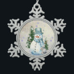 "Snowman in Falling Snow" with Rabbit and Trees Snowflake Pewter Christmas Ornament<br><div class="desc">"Snowman in Falling Snow" with Rabbit and Trees Snowflake Pewter Christmas Ornament. Celebrate the holiday spirit with this charming snowman in falling snow ornament, perfect for adding a touch of whimsy to your Christmas tree. Crafted from durable pewter, this delightful piece features a snowman standing among pine trees with a...</div>