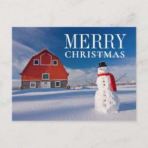 Snowman in front of Vintage Red Barn Holiday Postcard