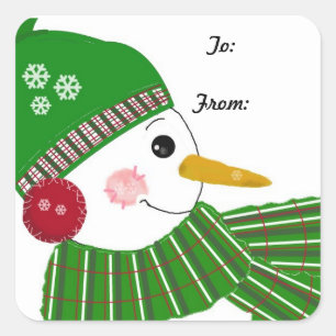 Snowman in Green Hat and Scarf Square Sticker