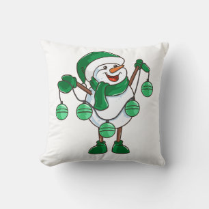 Snowman in Green Scarf Funny Christmas Gift Cushion