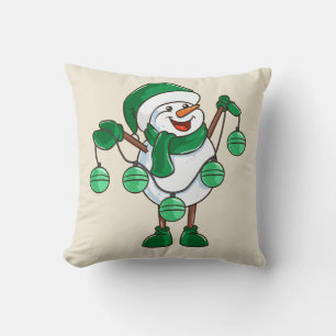 Snowman in Green Scarf Funny Christmas Gift Cushion