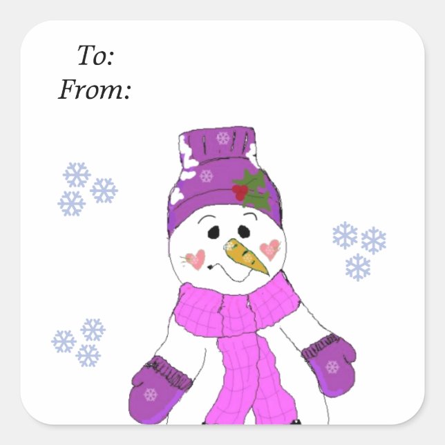 Snowman in Purple Hat and Scarf Square Sticker (Front)