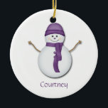 Snowman in Purple Scarf and Hat Christmas Ornament<br><div class="desc">Cute snowman with purple hat and scarf. Personalise with your child's name on the back.</div>