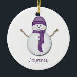 Snowman in Purple Scarf and Hat Christmas Ornament<br><div class="desc">Cute snowman with purple hat and scarf. Personalise with your child's name on the back.</div>