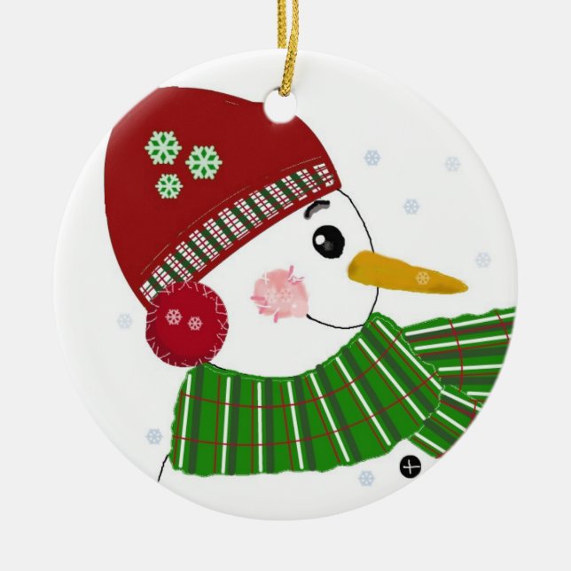 Snowman in Red Hat and Green Scarf Ceramic Tree Decoration (Front)