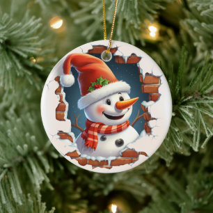 Snowman in Santa Hat - 3D Ceramic Tree Decoration