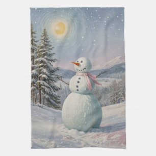Snowman in the Alpine Glow Tea Towel