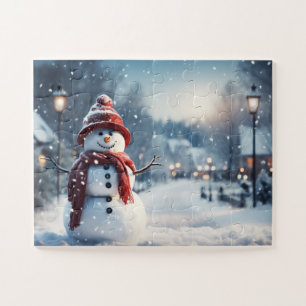 Snowman in the village. Winter scene. Jigsaw Puzzle