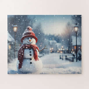 Snowman in the village. Winter scene. Jigsaw Puzzle