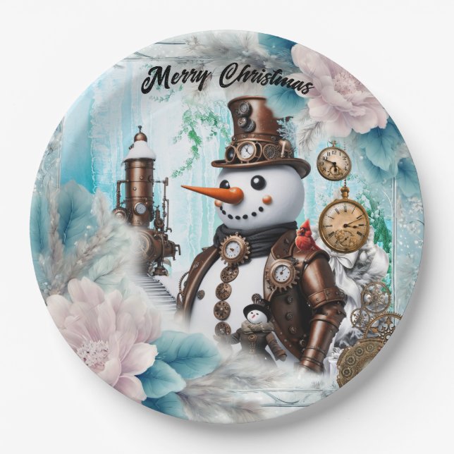 Snowman in Time! Steampunk Snowman Paper Plate (Front)