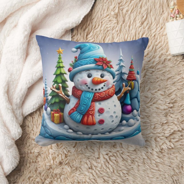 Snowman in Winter Landscape Cushion (Blanket)