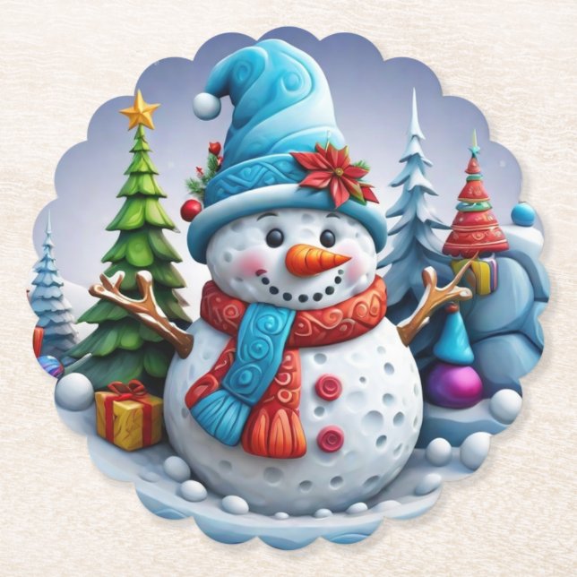 Snowman in Winter Landscape Paper Coaster (Front)