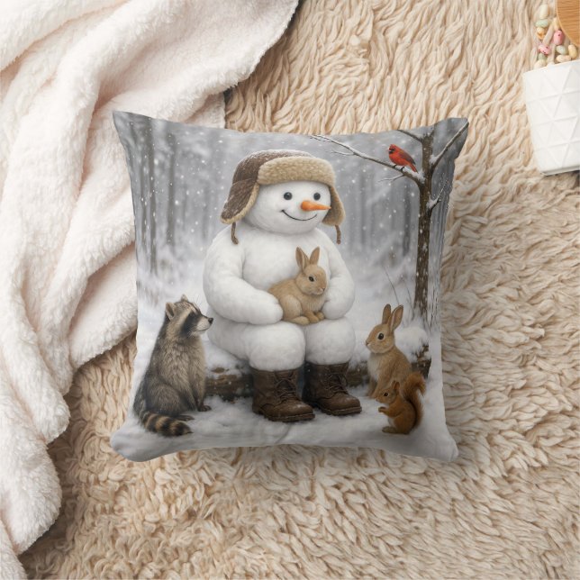 Snowman In Winter Woods With Animal Friends Cushion (Blanket)