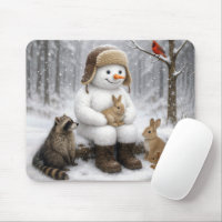 Snowman In Winter Woods With Animal Friends