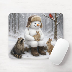 Snowman In Winter Woods With Animal Friends Mouse Pad