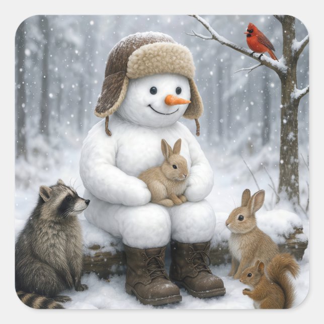 Snowman In Winter Woods With Animal Friends Square Sticker (Front)