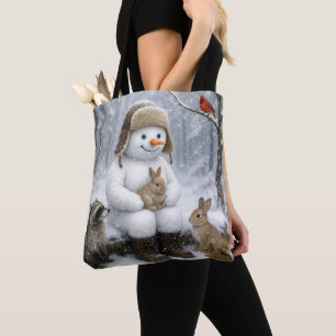 Snowman In Winter Woods With Animal Friends Tote Bag
