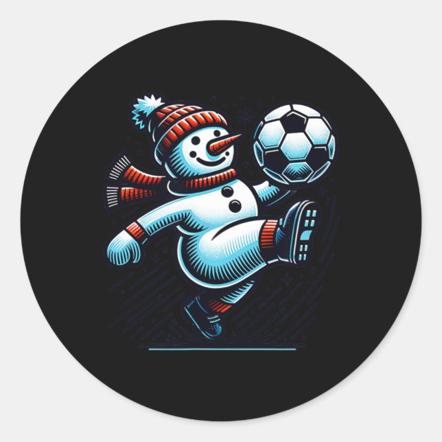 Snowman Kicking A Soccer Ball  Classic Round Sticker (Front)