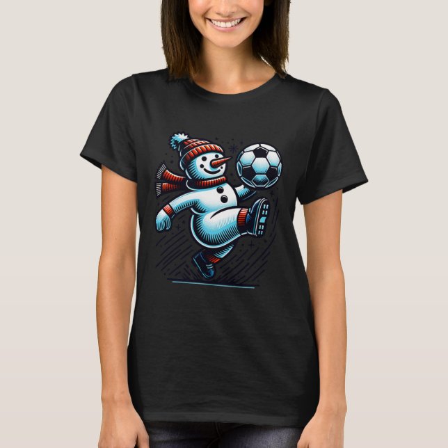 Snowman Kicking A Soccer Ball  T-Shirt (Front)