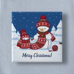 Snowman Knitting Christmas Scarf 15 Cm Square Badge<br><div class="desc">Cartoon illustration of two adorable snowmen dressed in knitted hats and scarves. The big snowman is knitting an oversized scarf for the little one. The scarf is already wrapped several times around the cute little snowman.</div>